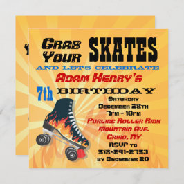 Flaming Roller Skating Birthday Party Invitation Kaart