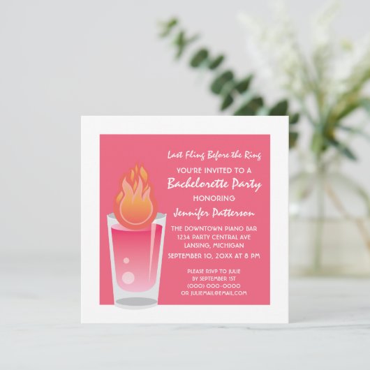 Flaming Shot Bachelorette Party Invite, Roze Kaart (Staand voorkant)