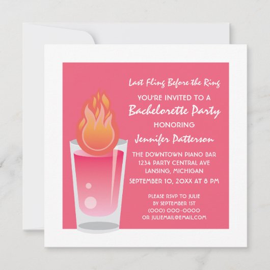 Flaming Shot Bachelorette Party Invite, Roze Kaart (Voorkant)