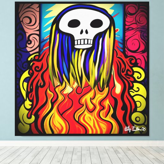 Flaming Skull Art Canvas Afdruk (Insitu (Houten vloer))