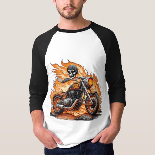 Flaming Skull bike Rock & Roll Embleem T-Shirt (Voorkant)
