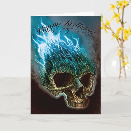 Flaming Skull Birthday Kaart (Gele Bloem)