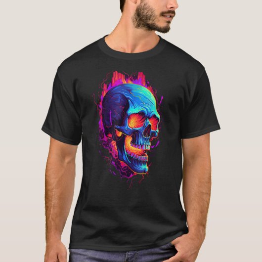 Flaming Skull Cool Red Orange & Blue Skeleton Skul T-shirt (Voorkant)