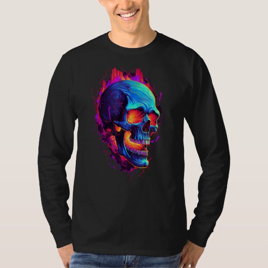 Flaming Skull Cool Red Orange & Blue Skeleton Skul T-shirt (Voorkant)
