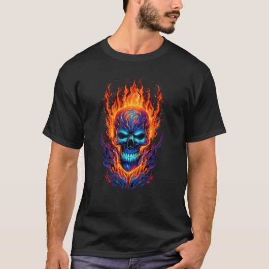 Flaming Skull Red Orange & Blue Cool Skeleton Skul T-shirt (Voorkant)