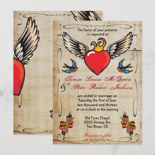 Flaming Winged Heart Tattoo Wedding Invitation Kaart (Voorkant / Achterkant)