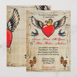 Flaming Winged Heart Tattoo Wedding Invitation Kaart