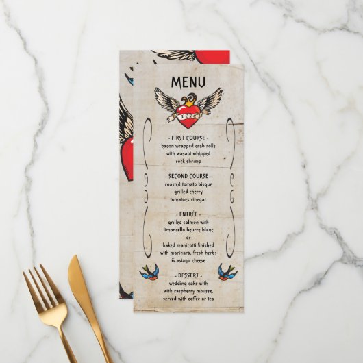 Flaming Winged Heart Tattoo Wedding Invitation Menu (Voorkant / Achterkant in situ)