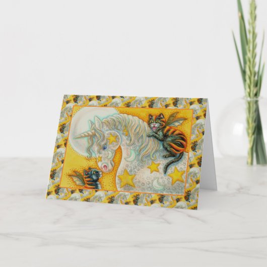 FLAMING ZWARTE KATTEN MET HALLOWEEN EENHOORN Kleur Feestdagen Kaart (Voorkant)