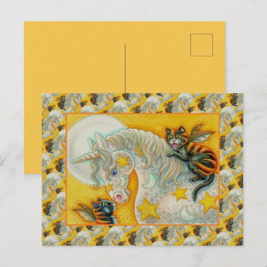 FLAMING ZWARTE KATTEN MET HALLOWEEN EENHOORN Kleur Feestdagenkaart (Voorkant / Achterkant)