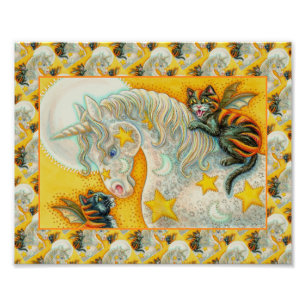 FLAMING ZWARTE KATTEN MET HALLOWEEN EENHOORN Kleur Foto Afdruk