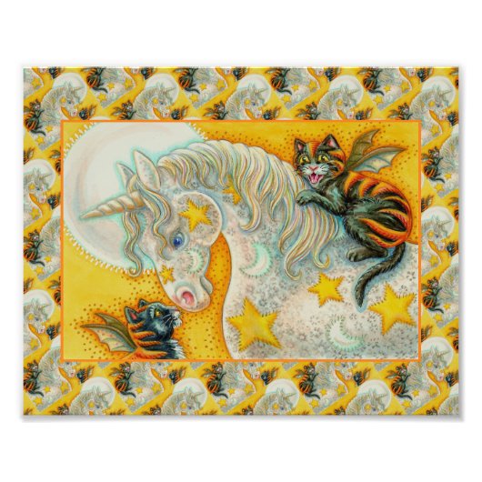 FLAMING ZWARTE KATTEN MET HALLOWEEN EENHOORN Kleur Foto Afdruk (Voorkant)