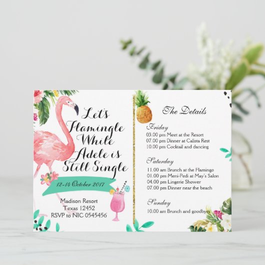 Flamingle Bachelorette Weekendschema Uitnodigen Kaart (Staand voorkant)