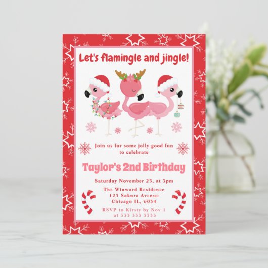 Flamingle en Jingle Flamingo Kerstmis Verjaardag Kaart (Staand voorkant)