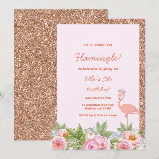 Flamingle Flamingo Birthday Invitation Kaart (Voorkant / Achterkant)