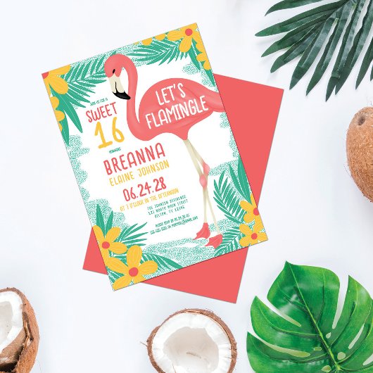 Flamingle Flamingo Tropical Floral Sweet 16 Kaart