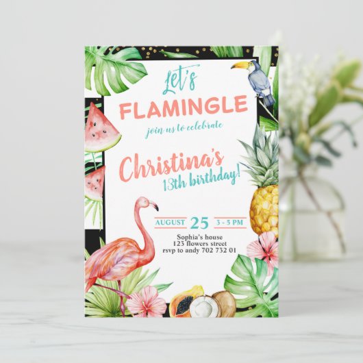 Flamingle Girl Verjaardagsfeestje Roze Flamingo Kaart (Staand voorkant)