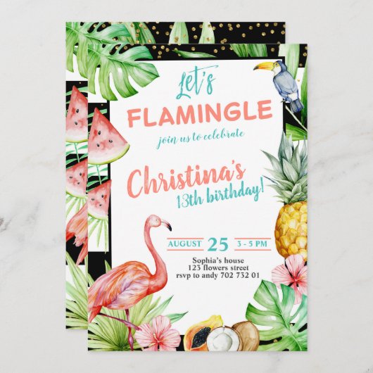 Flamingle Girl Verjaardagsfeestje Roze Flamingo Kaart (Voorkant / Achterkant)