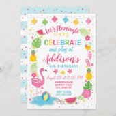 Flamingle Party Birthday Invitation Kaart (Voorkant / Achterkant)
