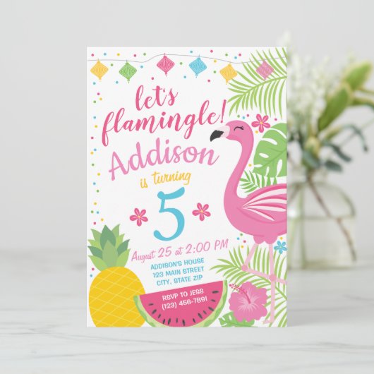 Flamingle Party Verjaardag Uitnodiging Flamingo Po (Staand voorkant)