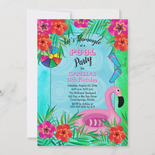 Flamingle Pink Floral 10th Birthday Pool Party Kaart (Voorkant)