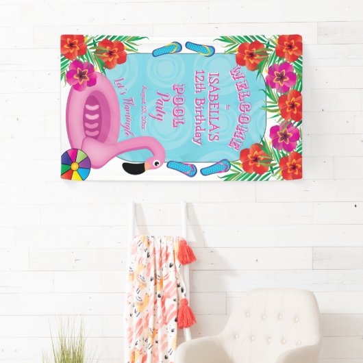 Flamingle Pink Floral 12th Birthday Pool Party Spandoek (Insitu)