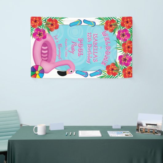 Flamingle Pink Floral 12th Birthday Pool Party Spandoek (Beurs)