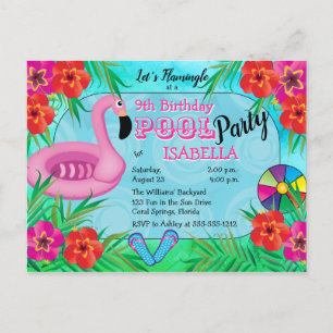 Flamingle Pink Floral 12th Birthday Pool Party Uitnodiging Briefkaart