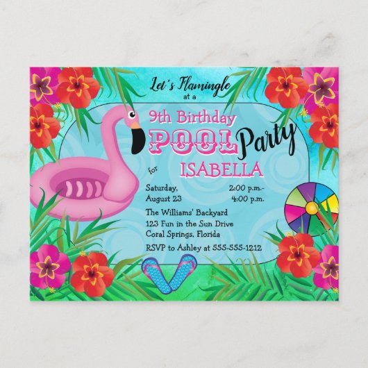 Flamingle Pink Floral 12th Birthday Pool Party Uitnodiging Briefkaart (Voorkant)