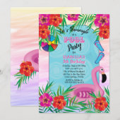 Flamingle Pink Floral 5e verjaardag Pool Party Kaart (Voorkant / Achterkant)