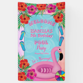 Flamingle Pink Floral 5e verjaardag Pool Party Spandoek