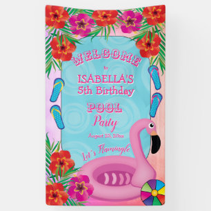 Flamingle Pink Floral 5e verjaardag Pool Party Spandoek
