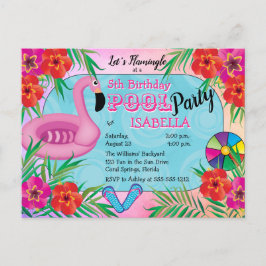 Flamingle Pink Floral 5e verjaardag Pool Party Uitnodiging Briefkaart