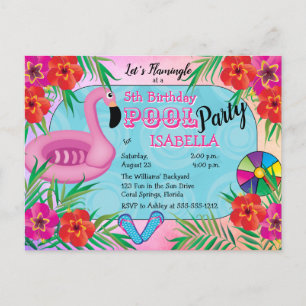 Flamingle Pink Floral 5e verjaardag Pool Party Uitnodiging Briefkaart