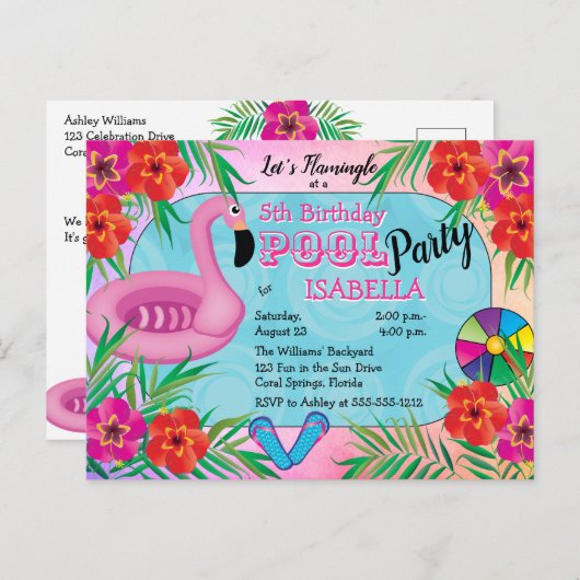 Flamingle Pink Floral 5e verjaardag Pool Party Uitnodiging Briefkaart (Voorkant / Achterkant)