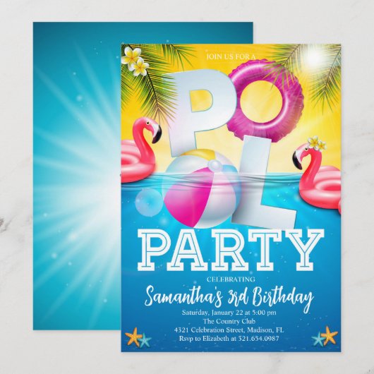 Flamingle Pool Party Verjaardag Kaart (Voorkant / Achterkant)