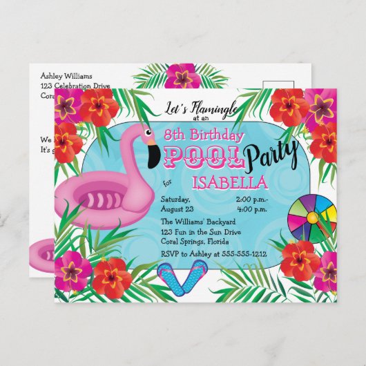 Flamingle Roze Bloemen 8e verjaardag Pool Party Uitnodiging Briefkaart (Voorkant / Achterkant)