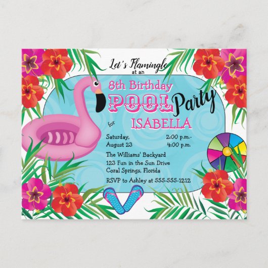 Flamingle Roze Bloemen 8e verjaardag Pool Party Uitnodiging Briefkaart (Voorkant)