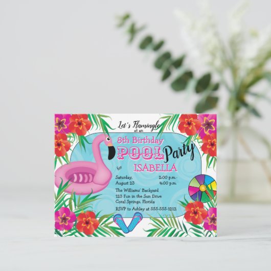 Flamingle Roze Bloemen 8e verjaardag Pool Party Uitnodiging Briefkaart (Staand voorkant)
