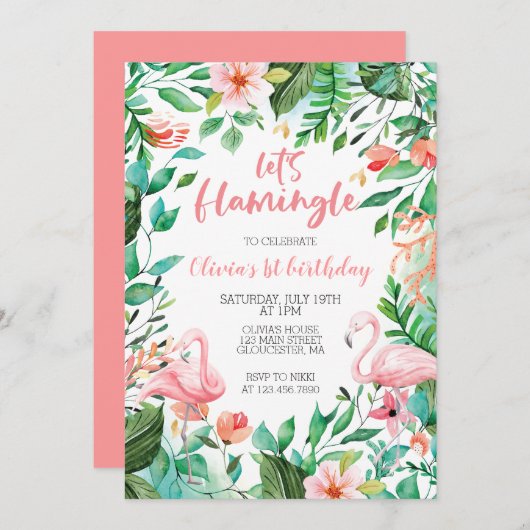 Flamingle Tropical first jarig flamingo Kaart (Voorkant / Achterkant)