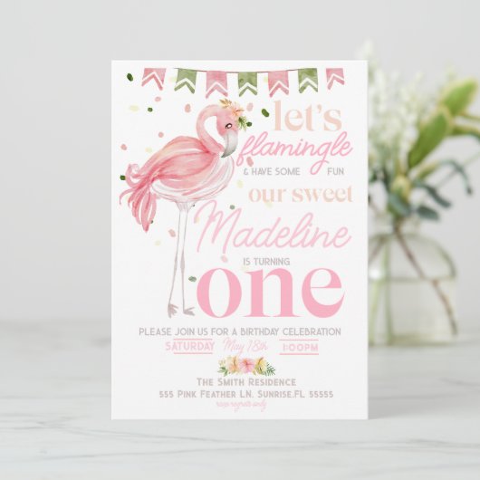 Flamingo 1e Verjaardag Uitnodiging Let's Flamingle (Staand voorkant)