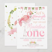 Flamingo 1e Verjaardag Uitnodiging Let's Flamingle (Voorkant / Achterkant)
