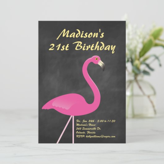 Flamingo 21st Birthday Party Invite - chalkboard Kaart (Staand voorkant)