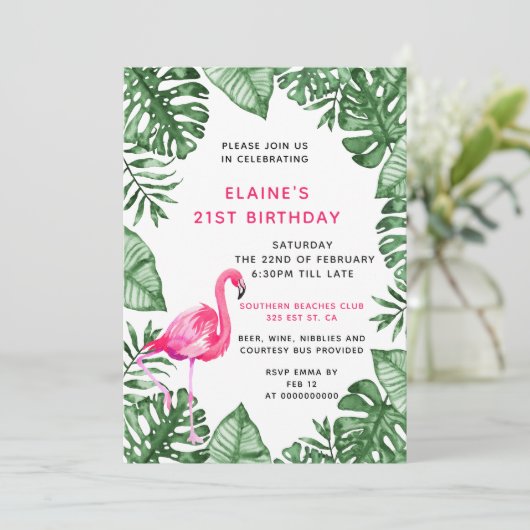 Flamingo 21st Birthday party Uitnodiging (Staand voorkant)