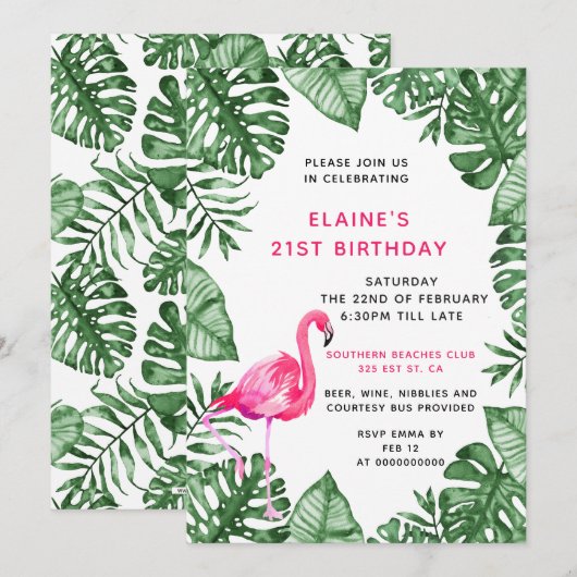 Flamingo 21st Birthday party Uitnodiging (Voorkant / Achterkant)