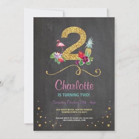 Flamingo Aloha 2e 2 Birthday Party Chalk Invite Kaart (Voorkant)