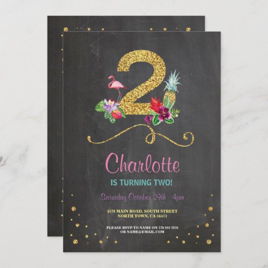 Flamingo Aloha 2e 2 Birthday Party Chalk Invite Kaart (Voorkant / Achterkant)