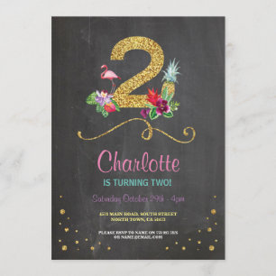 Flamingo Aloha 2e 2 Birthday Party Chalk Invite Kaart