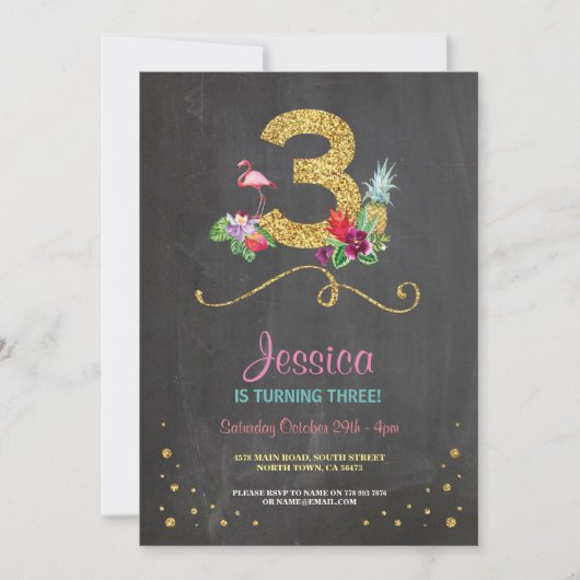 Flamingo Aloha 3rd 3 Birthday Party Chalk Invite Kaart (Voorkant)