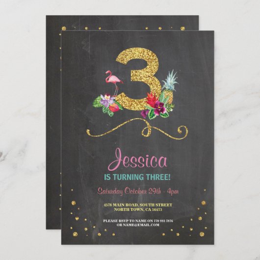 Flamingo Aloha 3rd 3 Birthday Party Chalk Invite Kaart (Voorkant / Achterkant)